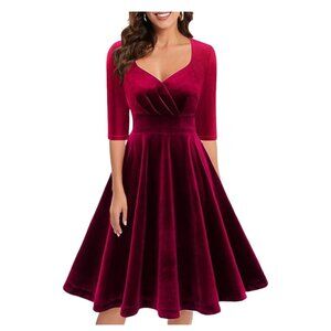Bbonlinedress Red Velvet 1950s Retro Midi Swing Dress Romantic | Size L Like New